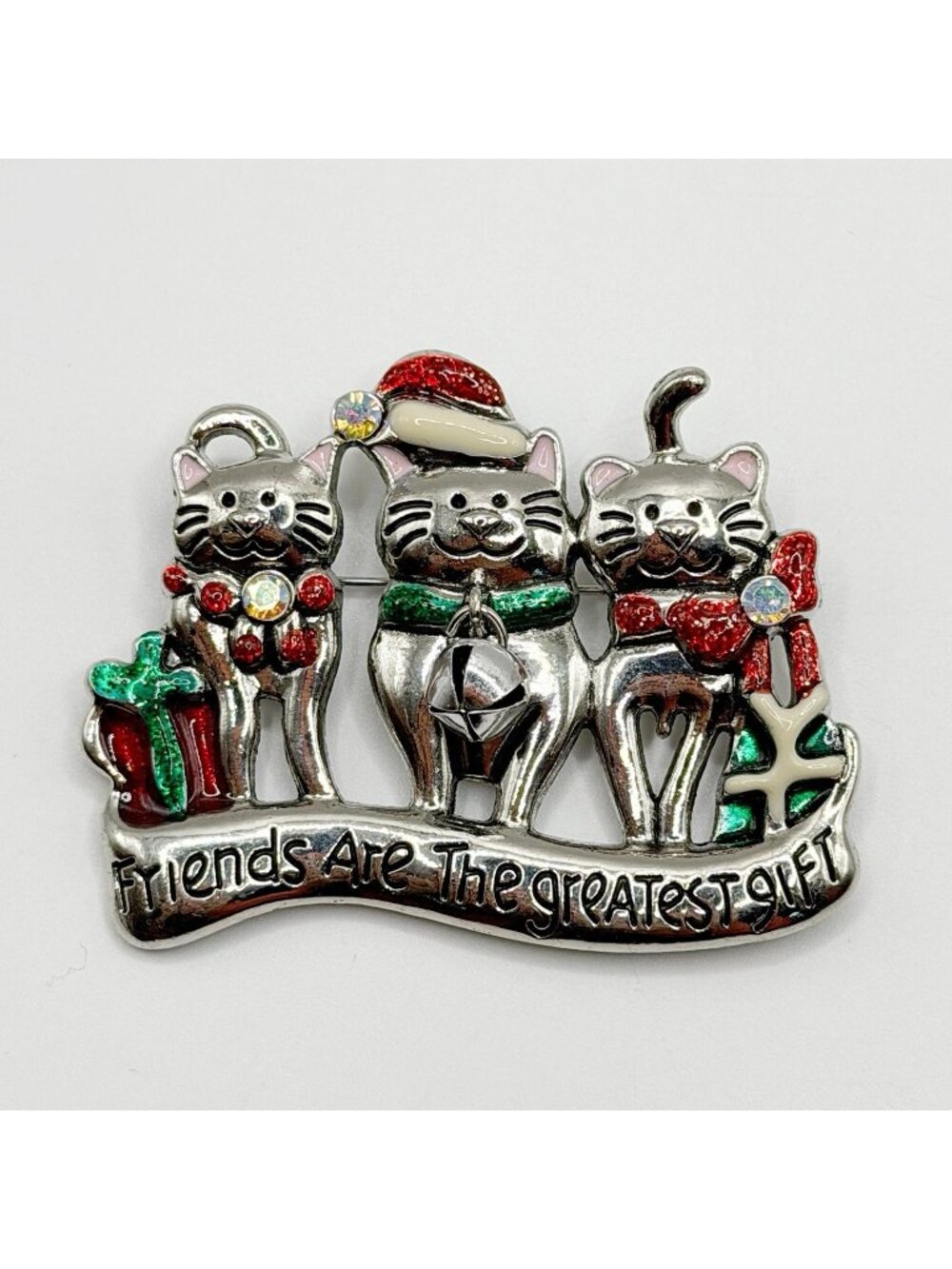 Christmas Cats Brooch "Friends are the Greatest Gift" Vintage Holiday Pin